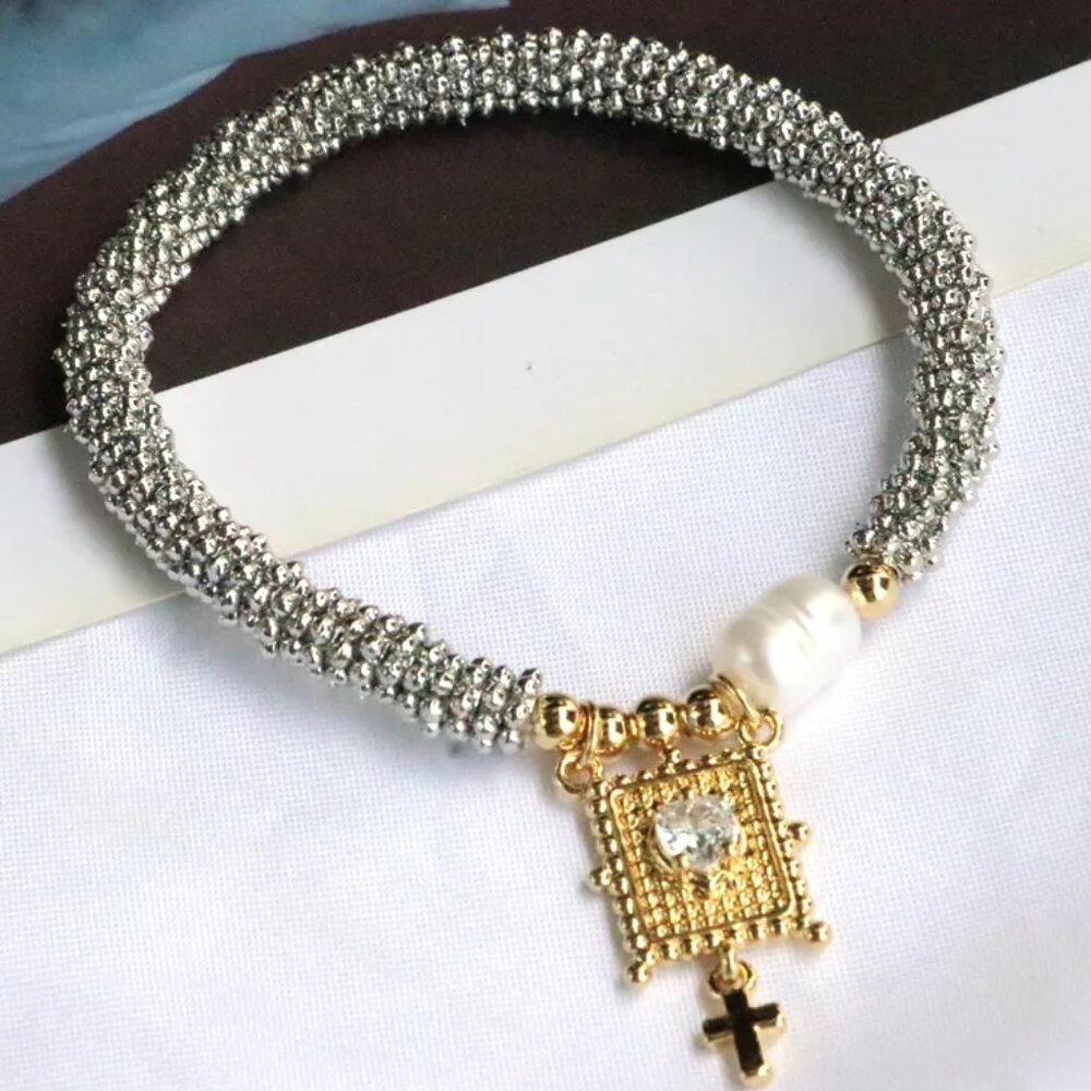 Vintage Style Cross Bracelet with Heart Shaped Zircon, 18K Gold Plated Copper.